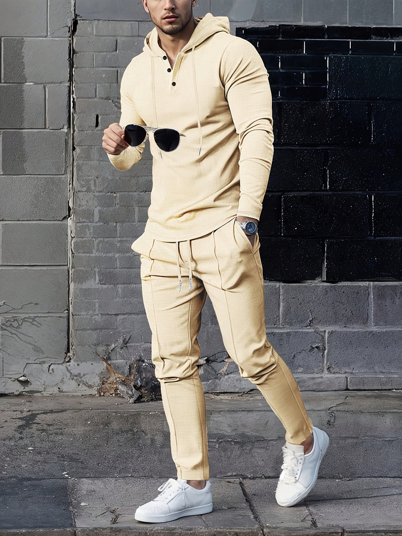 A Two-Piece Casual Outfit for Men Hooded Long-Sleeve T-Shirt.