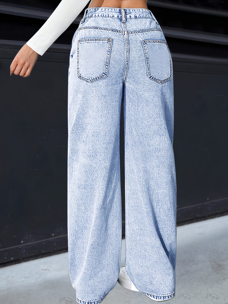 Women's Wide-Leg Washed Light Blue Oversized Wide-Leg Jeans Pants.