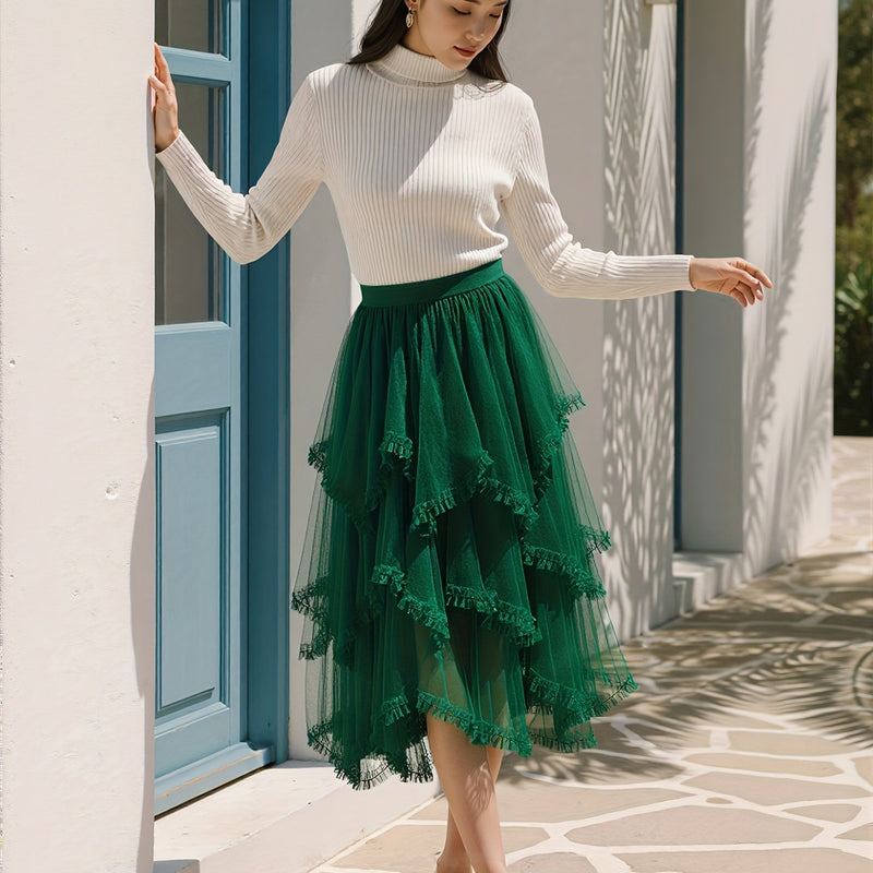 Women’s Punk-Inspired Layered Tulle Skirt with a Black Gothic Mesh.