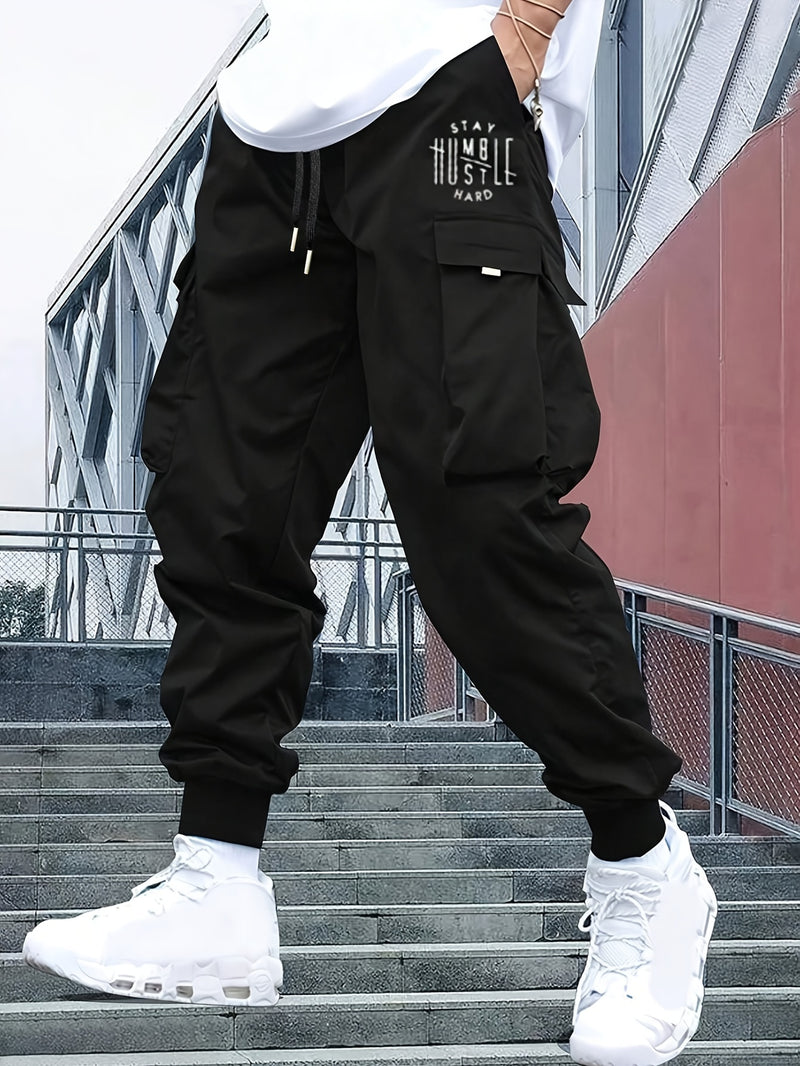 Men's Casual Cargo Pants with Multiple Pockets & Letter Print.
