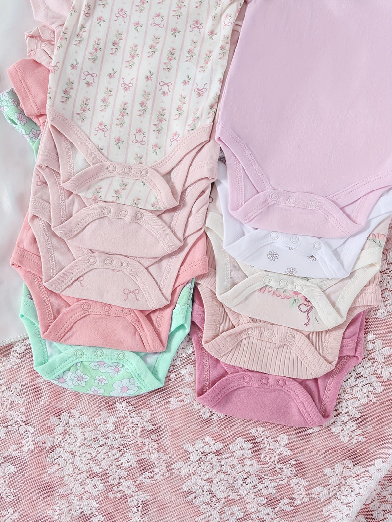 10pcs Set of Girls' Short-Sleeve Spring/Summer Cotton Triangle Bodysuits.