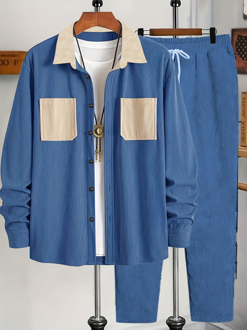 Men's Corduroy Outfit Set, Contrast Lapel Shirt Jacket + Simple Restraint Pants.