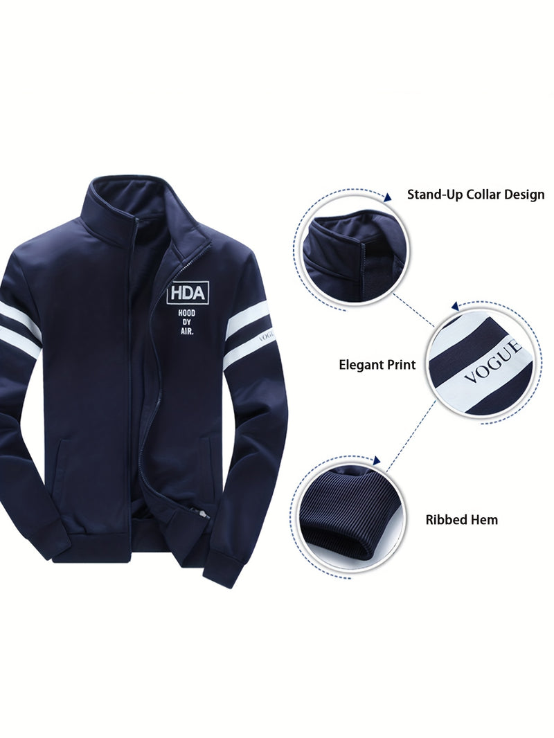 Men's Tracksuits 2pcs Set - Stand Collar Ribbed Hem Sportswear.