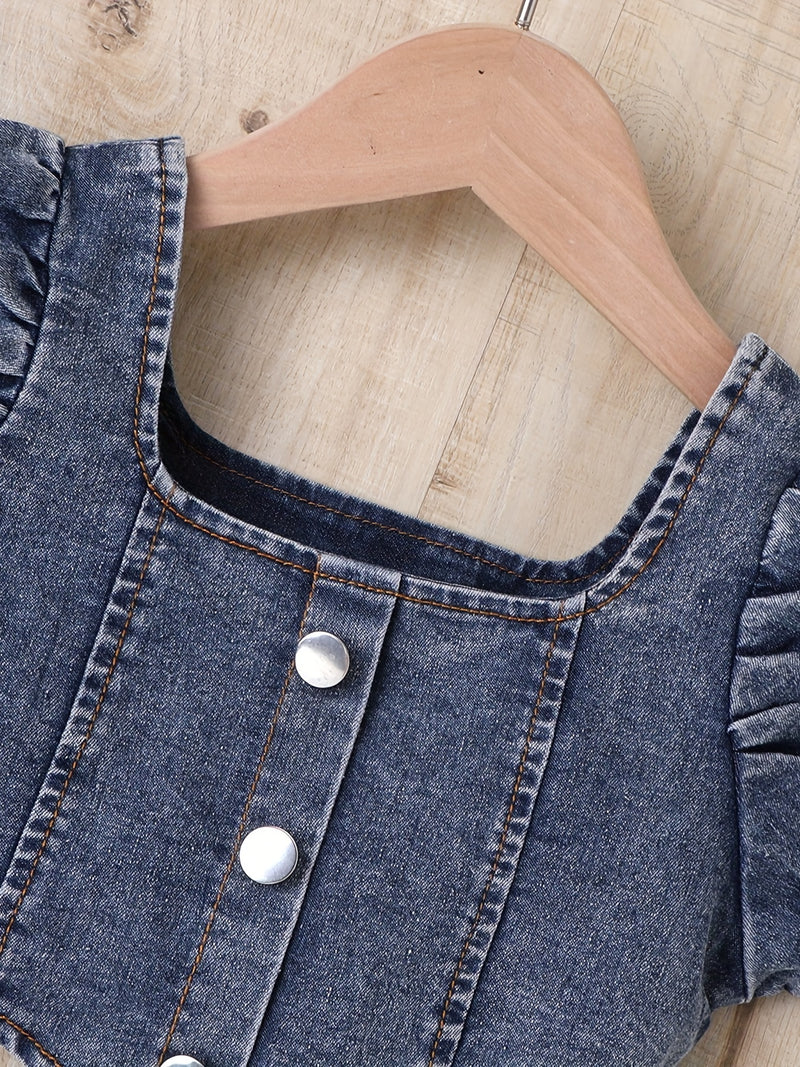 Girls Casual Trendy Stylish Y2K Denim Cropped Top & Shorts Set For Summer Holiday.