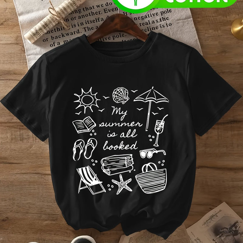 Women's Casual T-Shirt - Beach & Book Lovers Graphic Print.