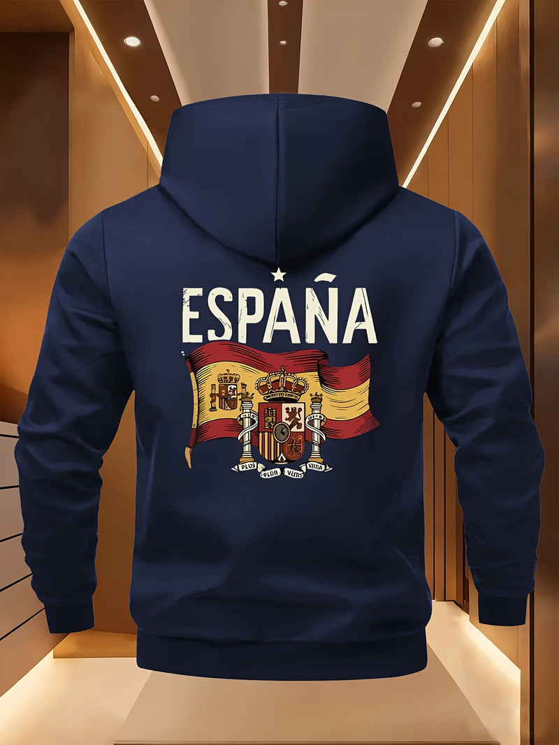 Men's Spanish Flag & Spain Lettering Print Hooded Jacket.