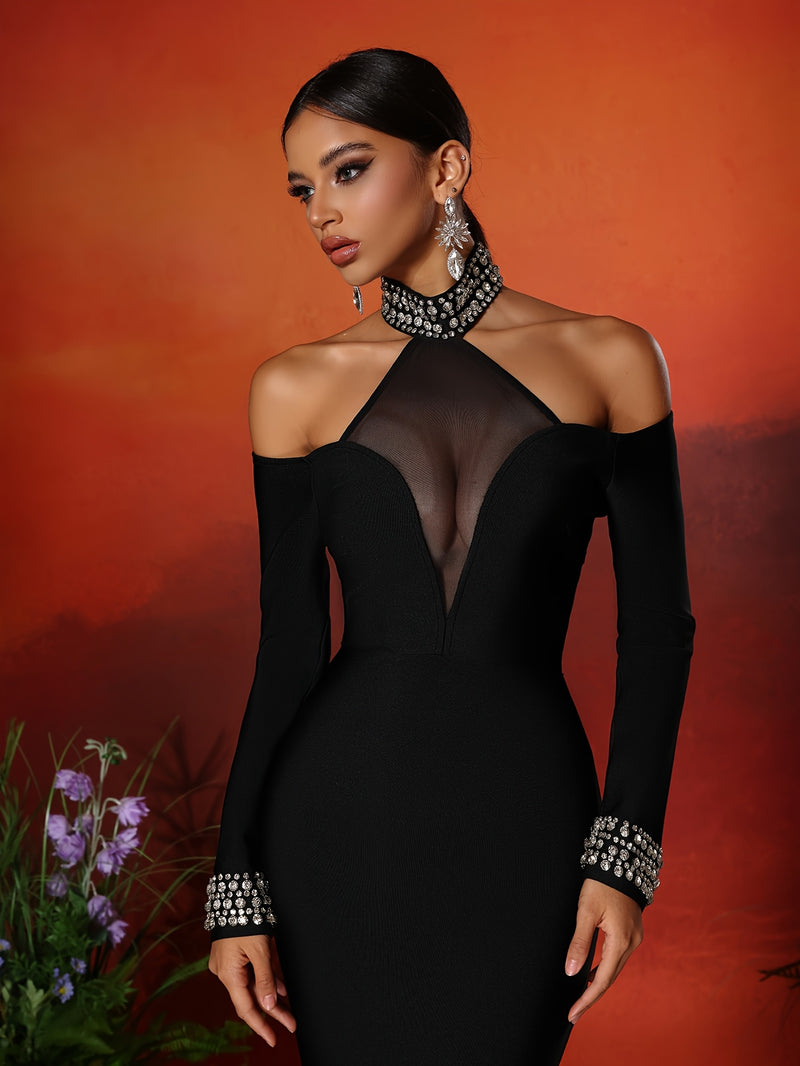 Ladies' Fashion Design Diamond Mesh Spliced Backless Evening Dress.