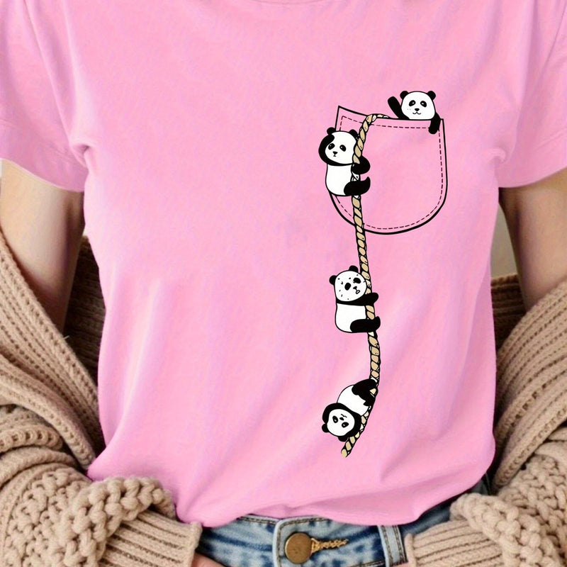 Women’s  Pocket Panda Climbing Rope Cute Pattern Print Fashion Crew Neck T-Shirt.