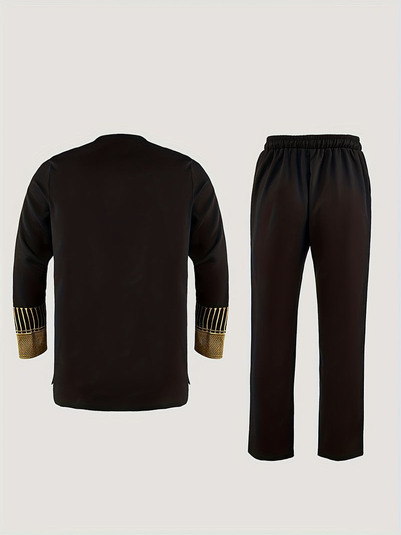 Men's Elegant 2pcs Shirt Set, Embroidered, Round Neck.