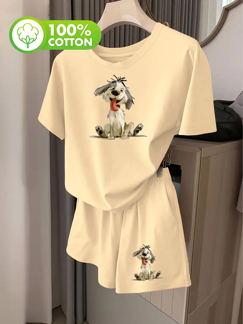 Women's Fashion Cartoon Puppy Print Short Sleeve T-Shirt and Shorts.