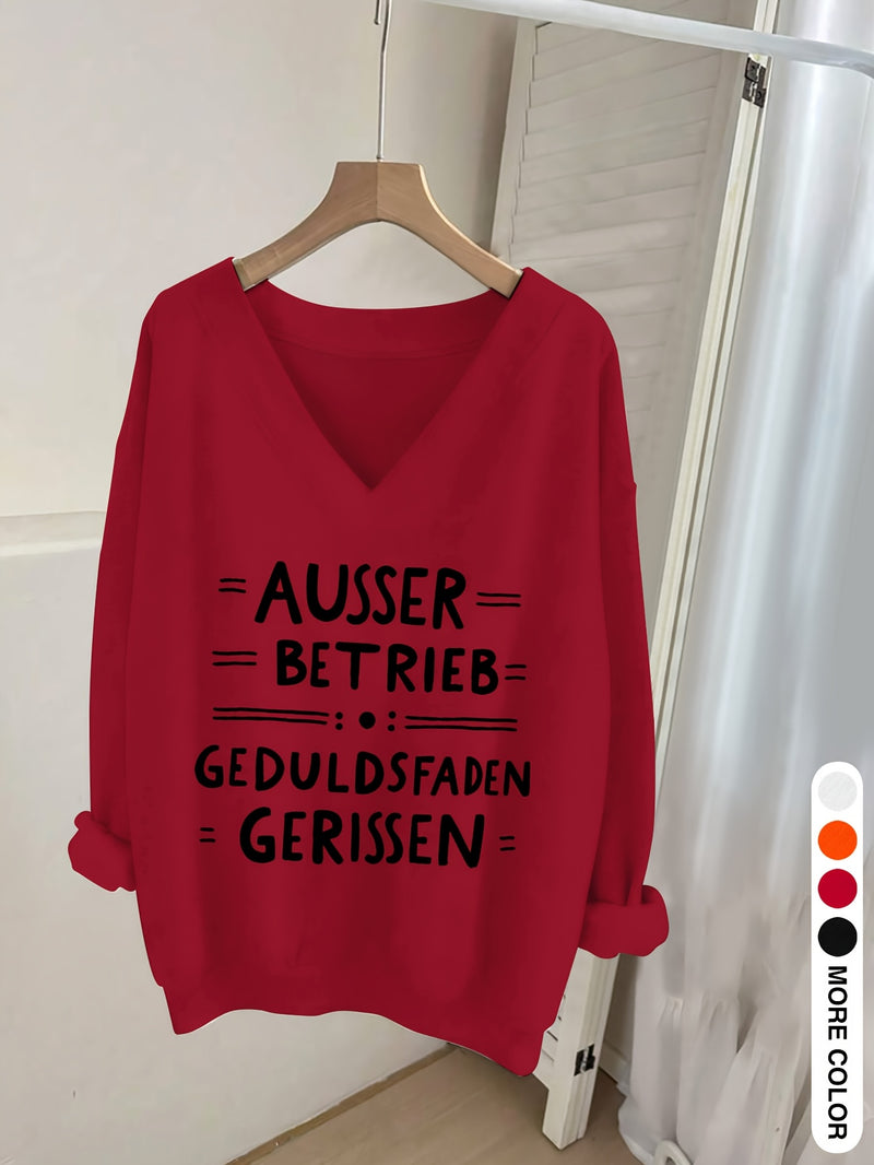 Women's Pink V-Neck Long Sleeve Sweater with German Letter Print.