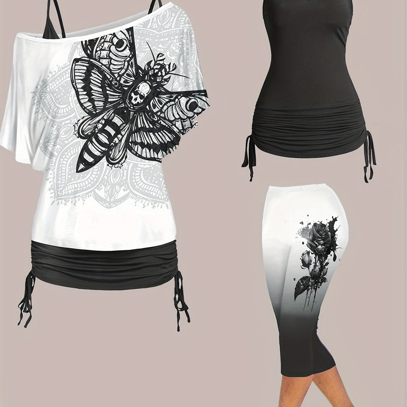 Women’s Off-Shoulder Top with Butterfly Print And Three-Quarter Pants.