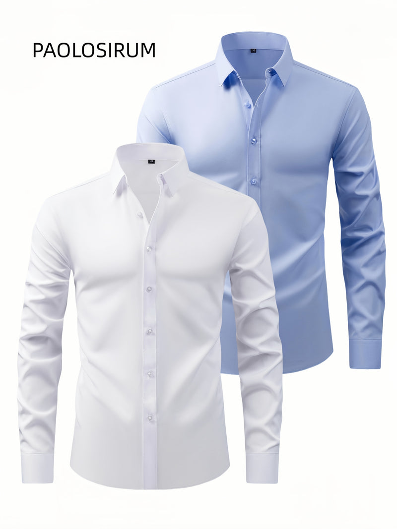 Two-Piece Set of Men's Solid Color Elastic Shirts.