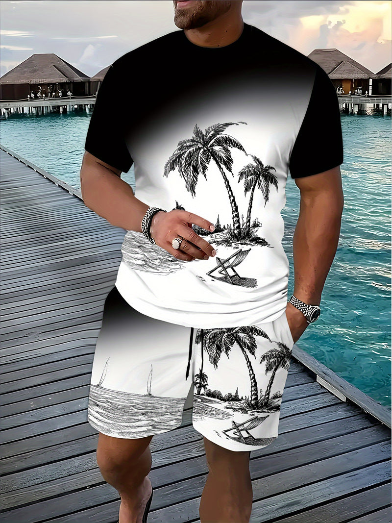 Men’s Black & White Botanical Print T-Shirt and Shorts Set.