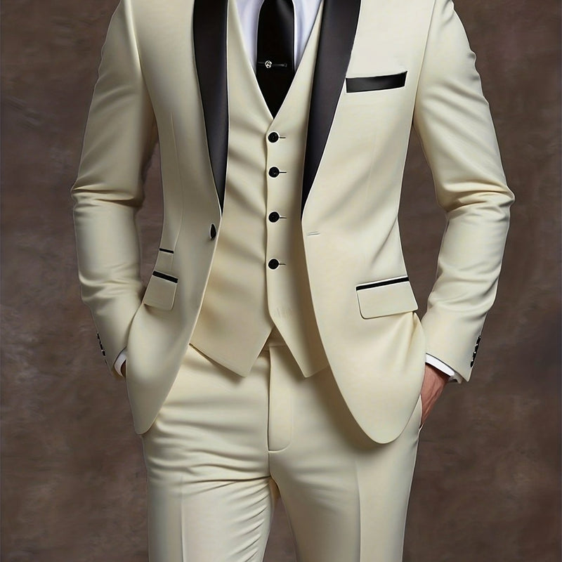 Men's 3pcs Suit with Notch Lapel, Business Formal Set, Includes Jacket.
