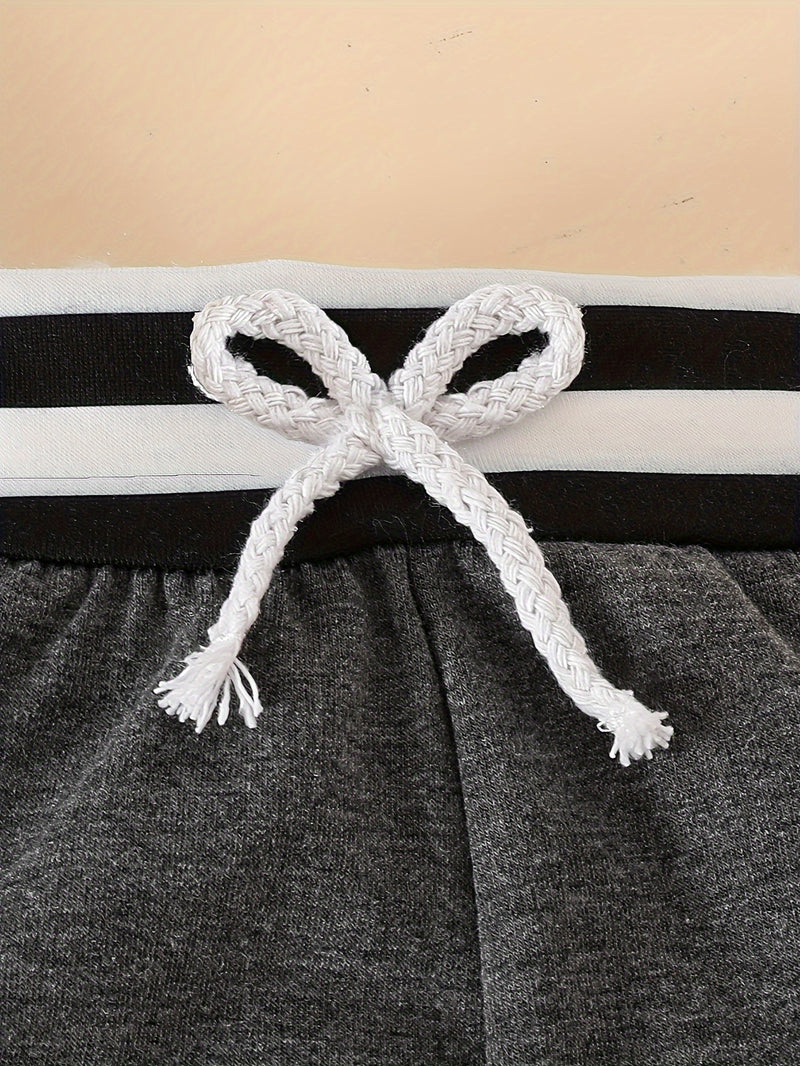 Long-sleeve Letter Print Romper + Striped Pants + Hat Three-piece Set.