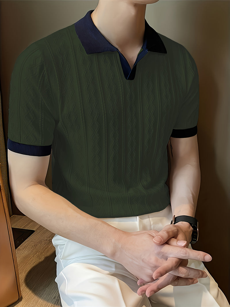 Men's Knit Casual T-Shirt, Fashionable Contrast Color Design.