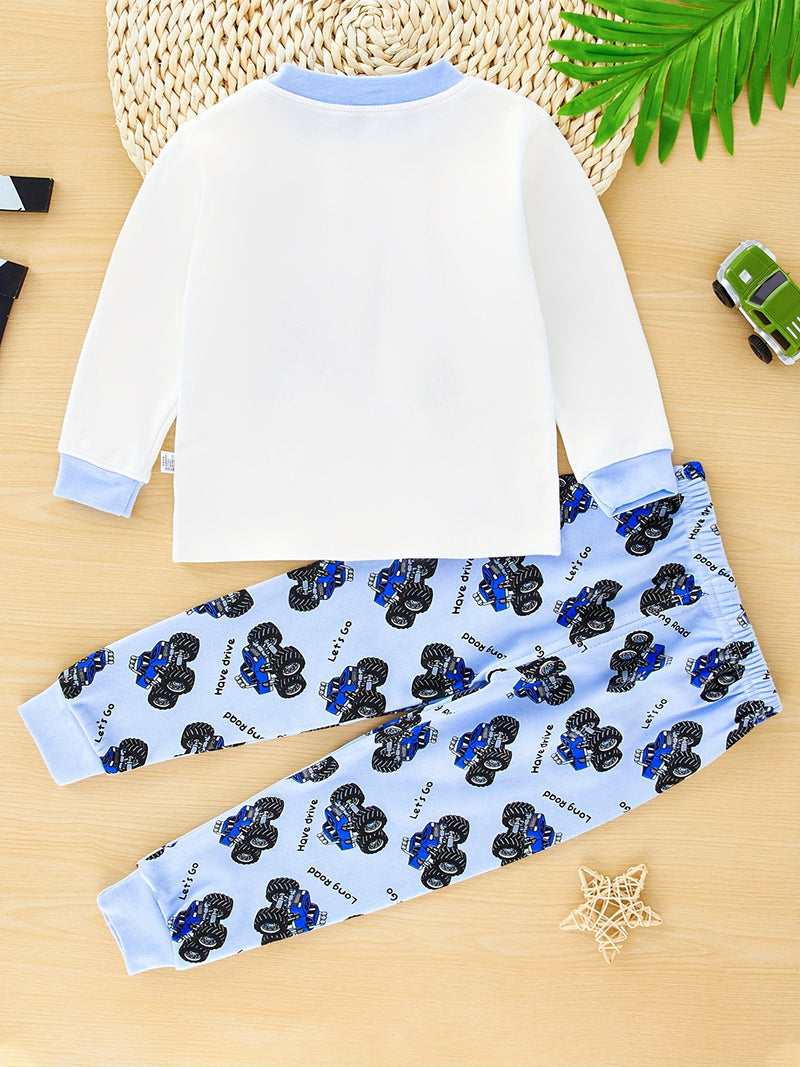2pcs Cartoon Vehicle Pattern Pajama Set for Toddler.
