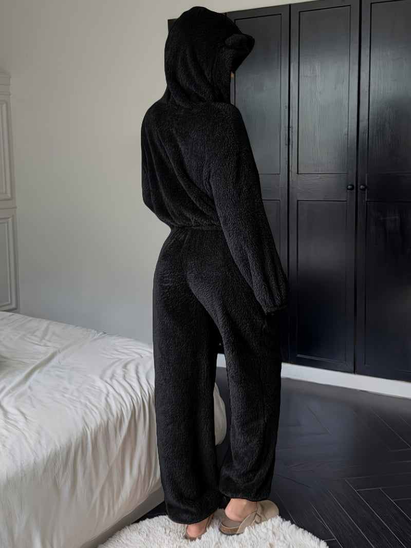 Women's Khaki Fluffy Casual Loose Double-Sided Fleece Set.