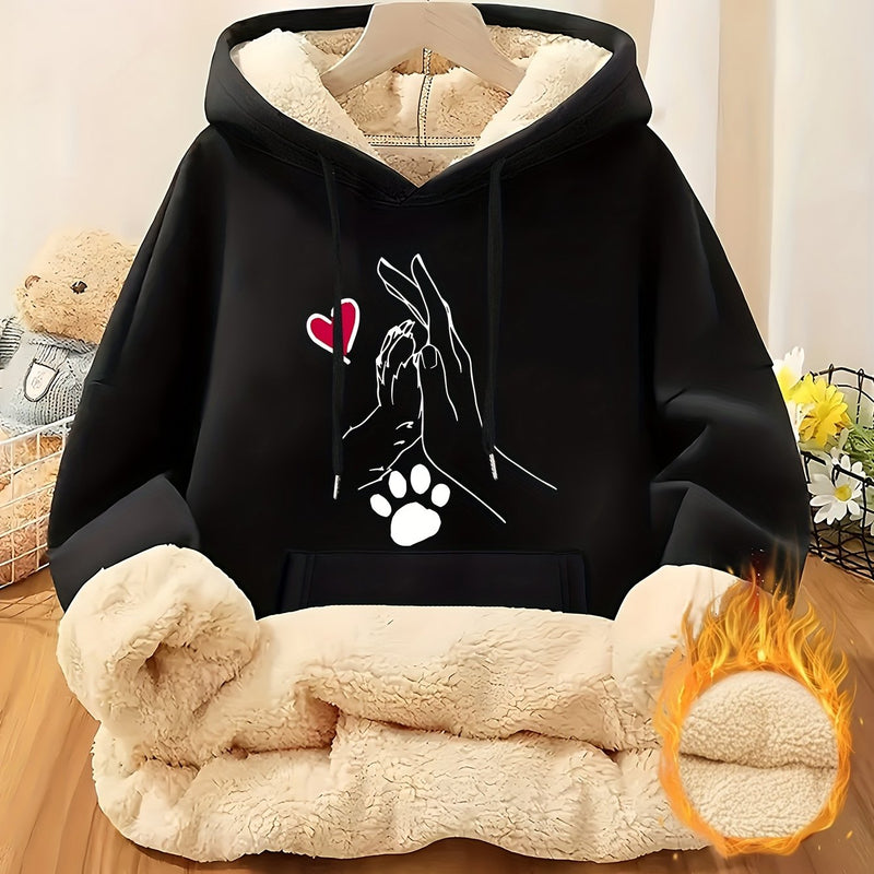 Women's Cozy Fleece-Lined Hoodie with Heart & Paw Print Design.