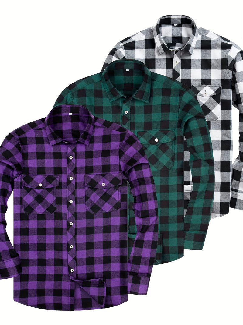 3pcs Men's Plaid Shirts with Top Lapel Long Sleeve.