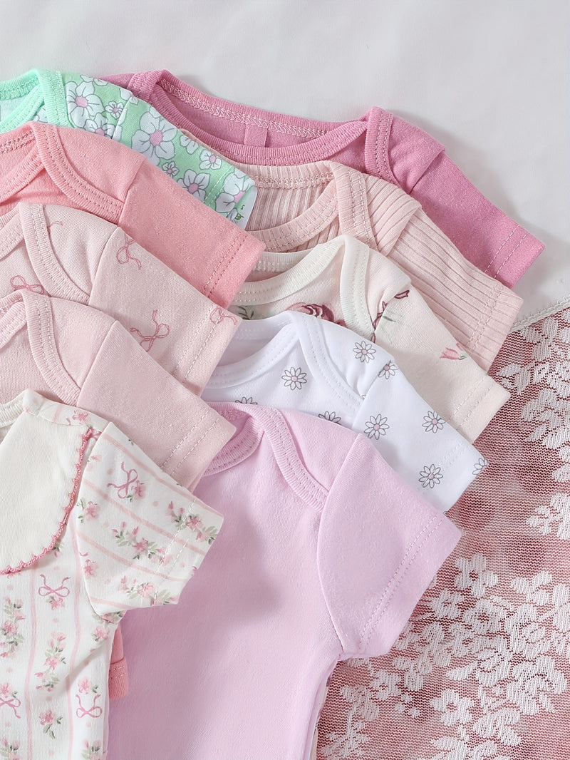 10pcs Set of Girls' Short-Sleeve Spring/Summer Cotton Triangle Bodysuits.