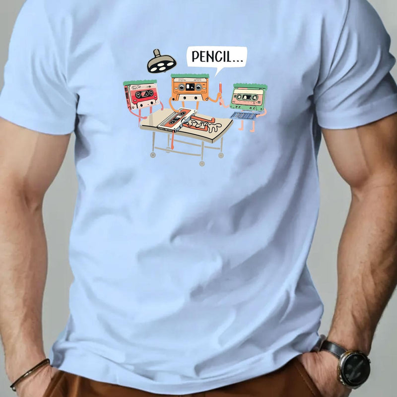 Men's Summer Casual Crew Neck Short Sleeve T-Shirt with Tape Pattern.