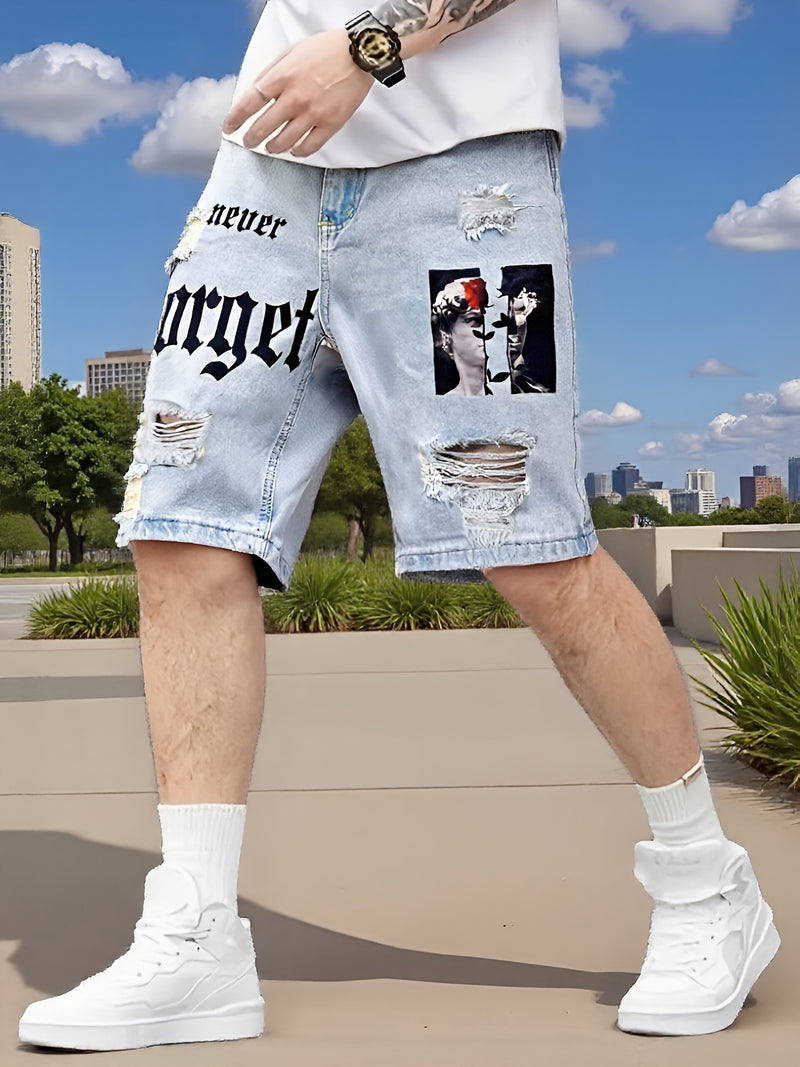 Men's Denim Shorts, Light Blue, Perforated Design, Printed, Loose Fit, Non Stretchy.