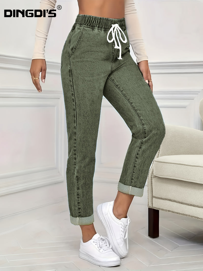 Women's stretch elastic waist drawstring slim fit jeans.