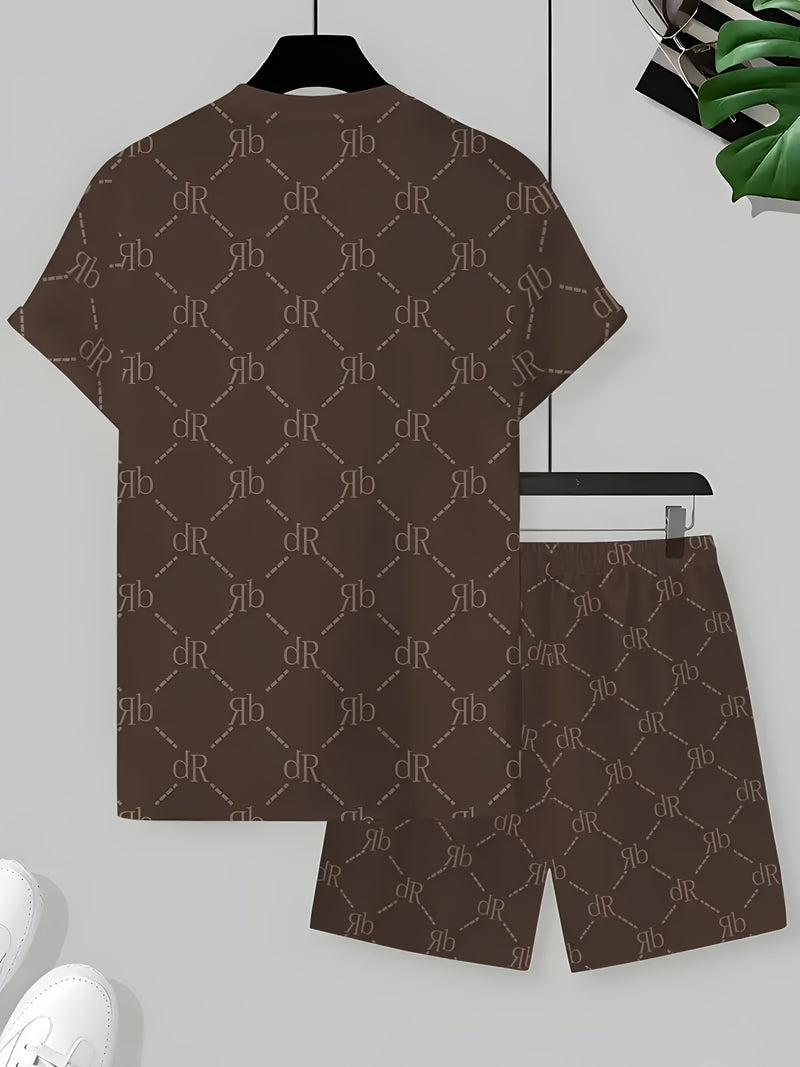 Men's Casual Two-Piece Set Featuring Short Sleeves with English Letter Prints.