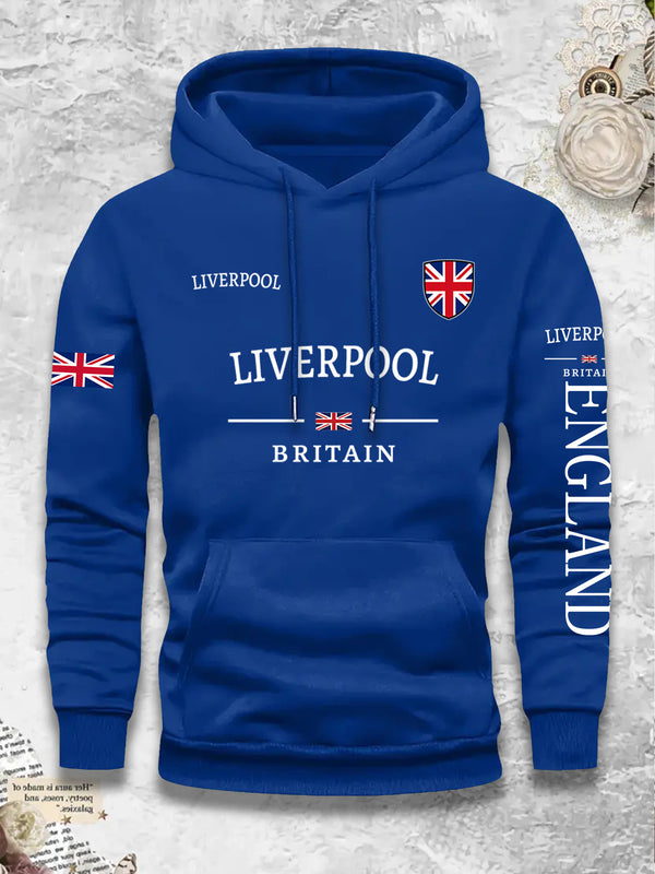 Men's Casual Versatile -Lined Hooded Sweatshirt with British Flag Print.