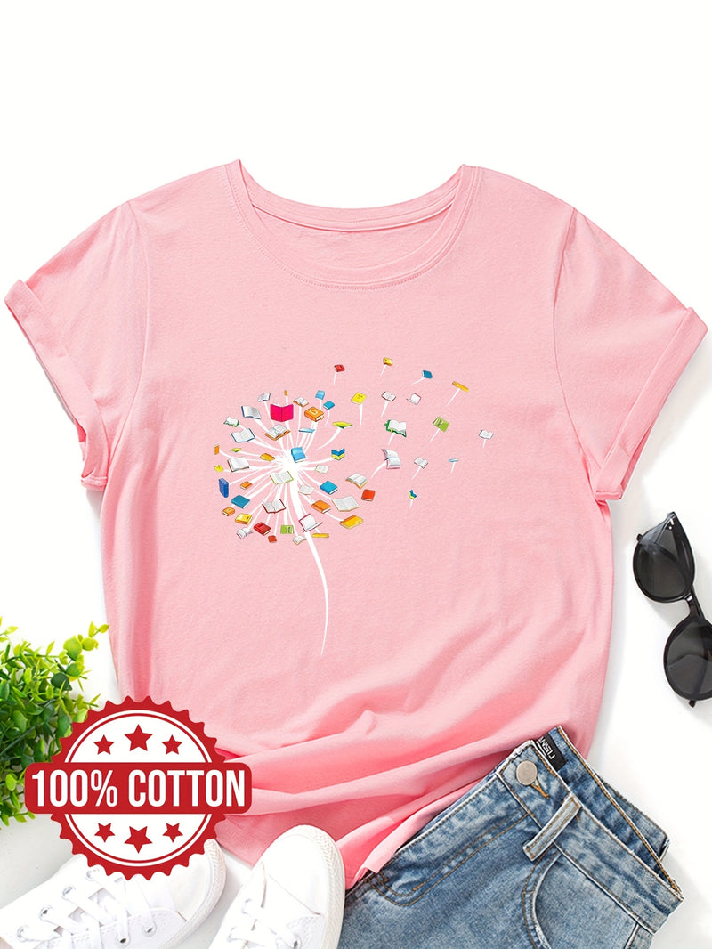 Women's "Dandelions and Books" Graphic T-Shirt.