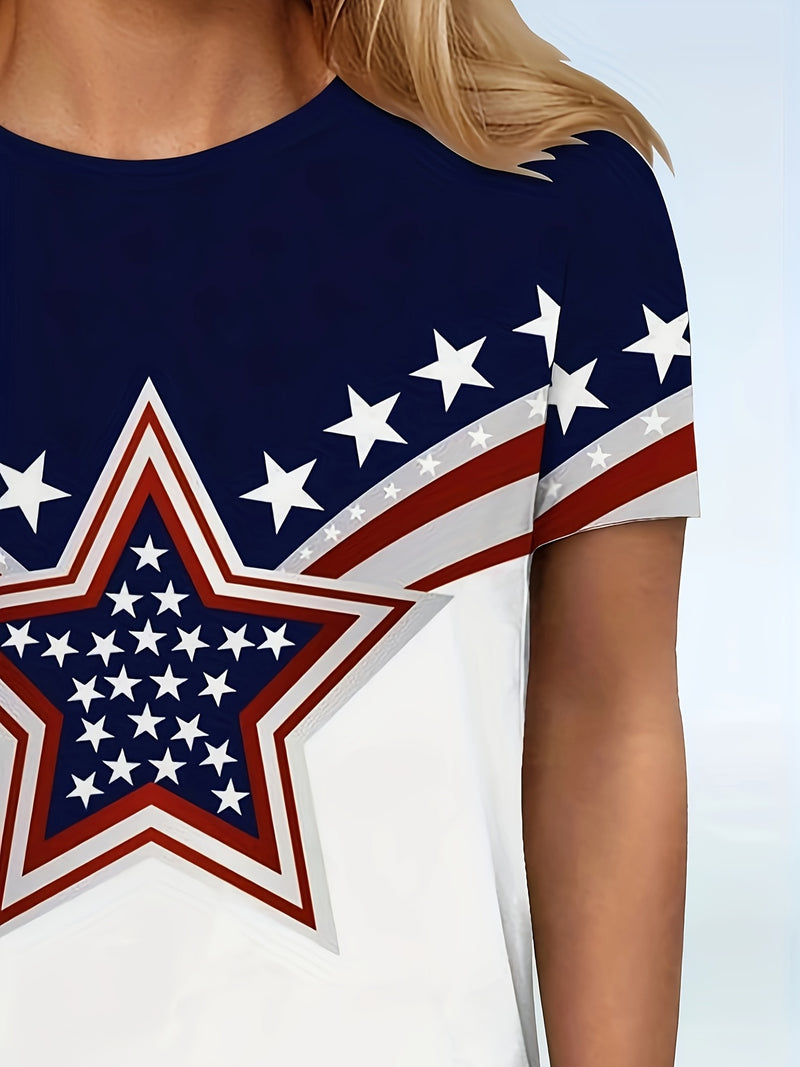 Casual Fashion Five-Pointed Star Digital Print Women's T-Shirt.