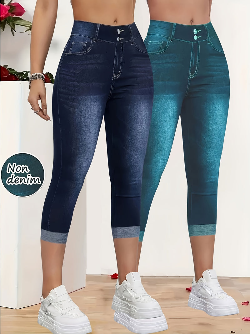 New Two-Piece Set, Faux Denim Women's Slim-Fit Leggings.