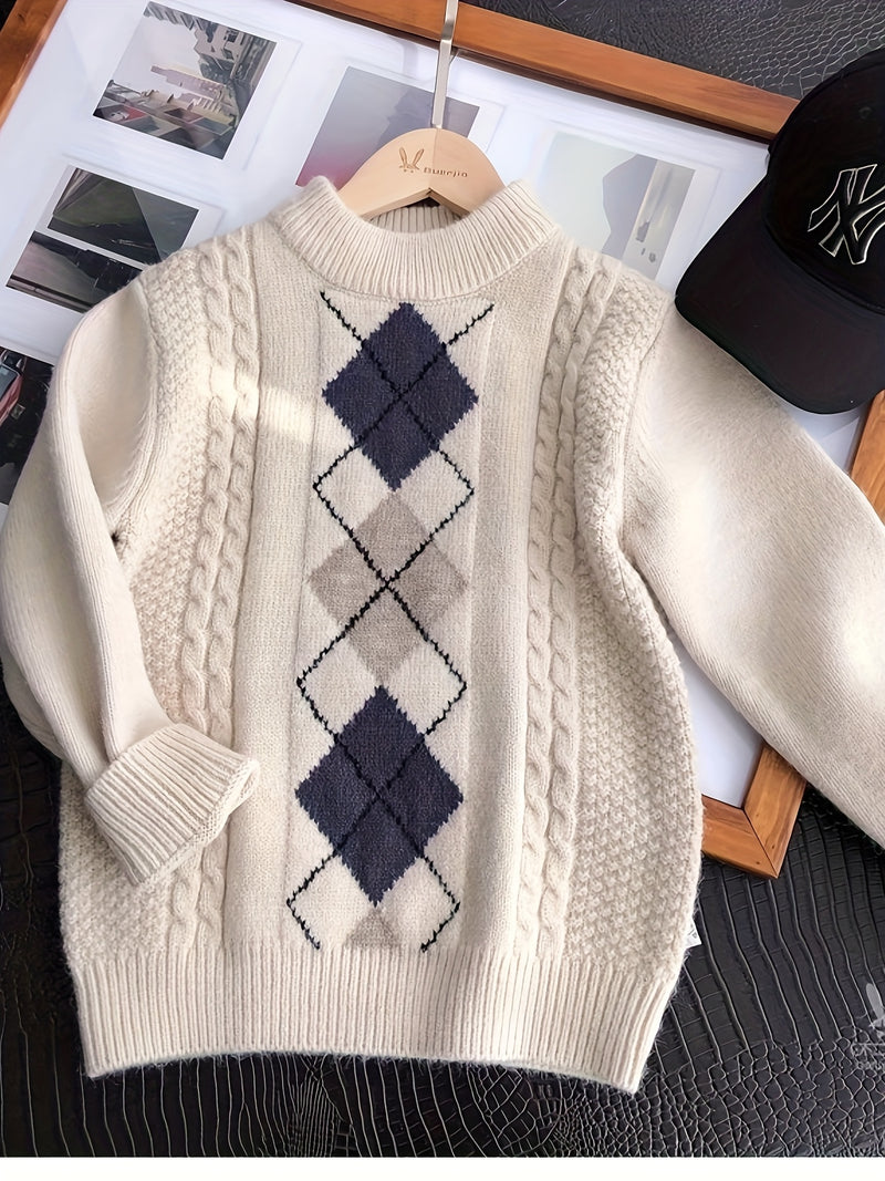 Mid-Sized Diamond Patterned Jacquard Turtleneck Sweater.