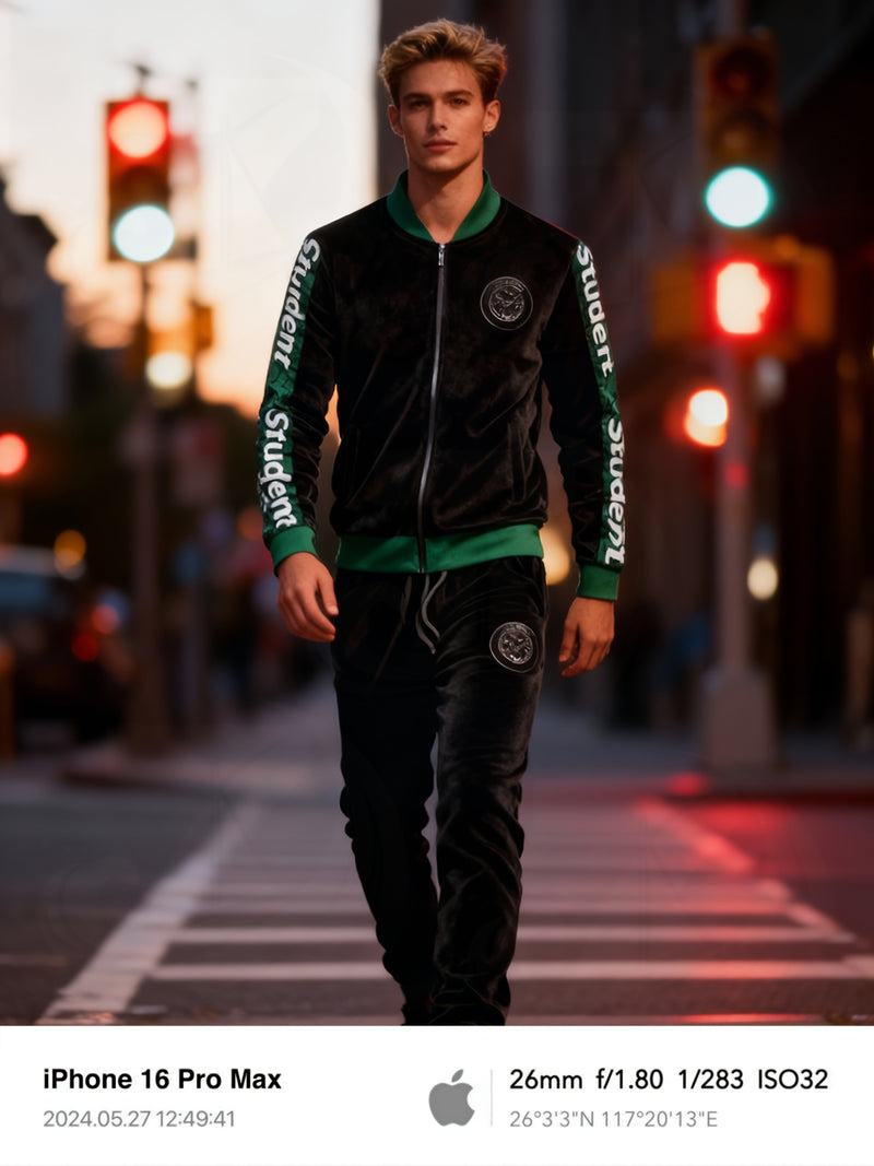 Student Fashion Velvet Sports Suit Men Premium Plush Casual Jacket Pants 2pcs.