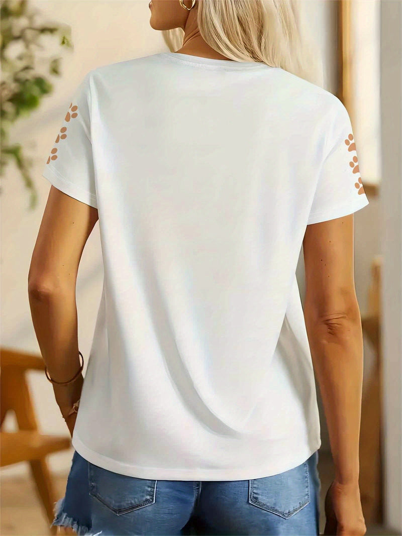 Women's Cute Pet Lover T-Shirt - Dog & Print Short Sleeve Crew Neck Top.