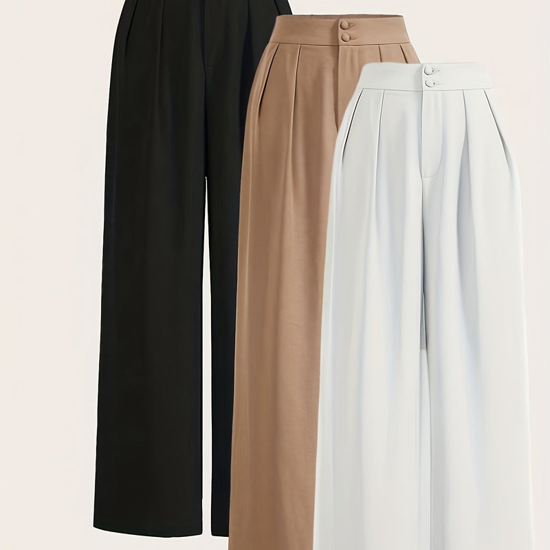 Women’s 3pcs Set Wide-Leg Pants, High-Waist with Double Buttons.