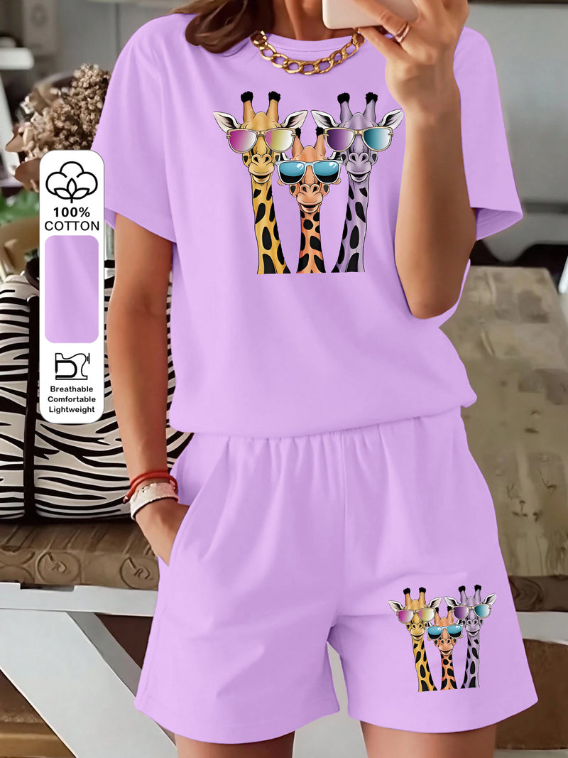 Women's Three-piece Fashionable Giraffe Print Short-sleeve Top and Shorts.