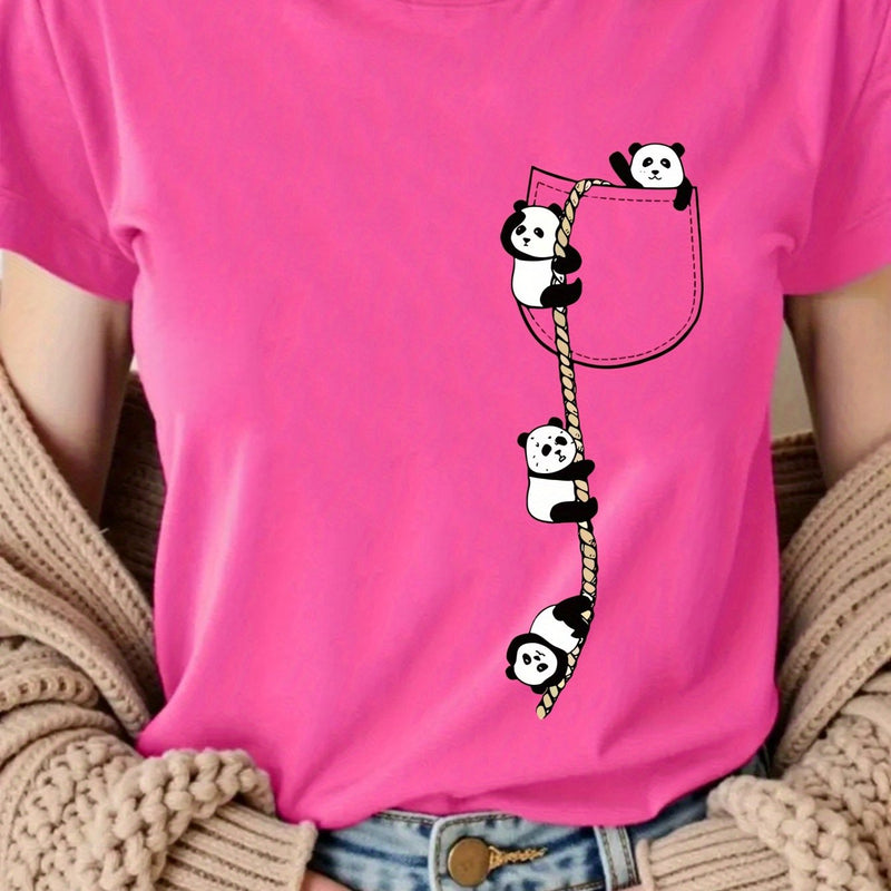 Women’s  Pocket Panda Climbing Rope Cute Pattern Print Fashion Crew Neck T-Shirt.