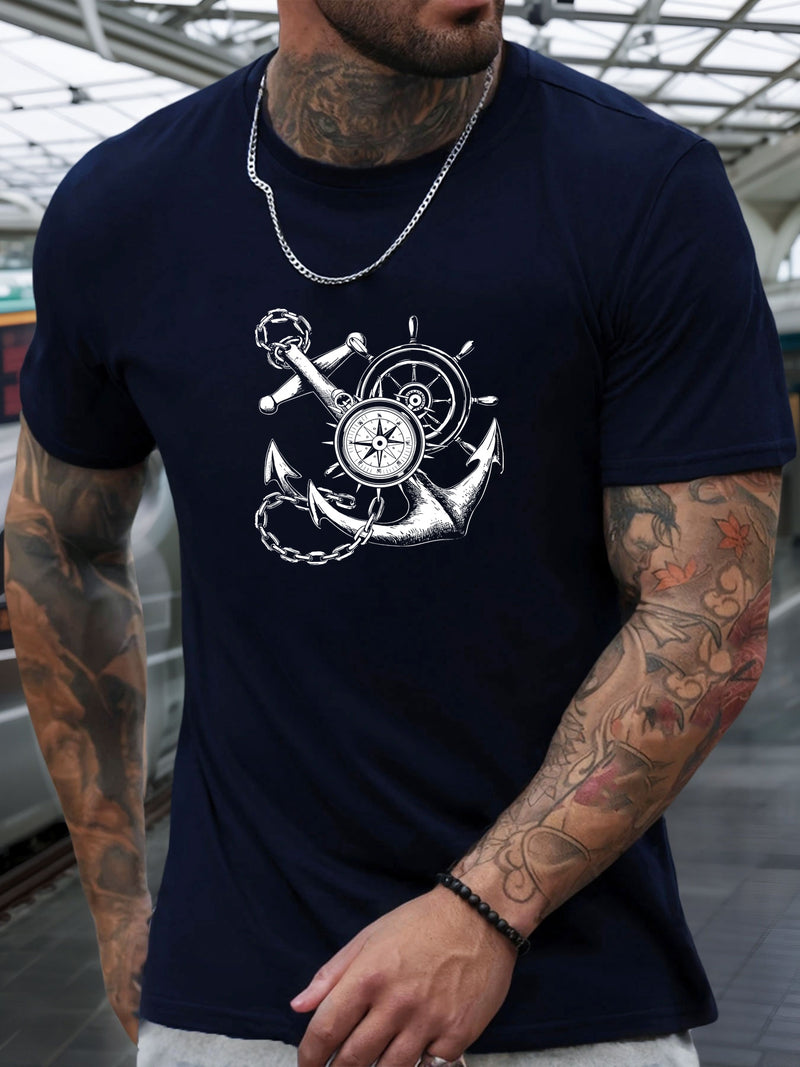 Men's Casual Summer T-Shirt with Anchor and Compass Graphic.