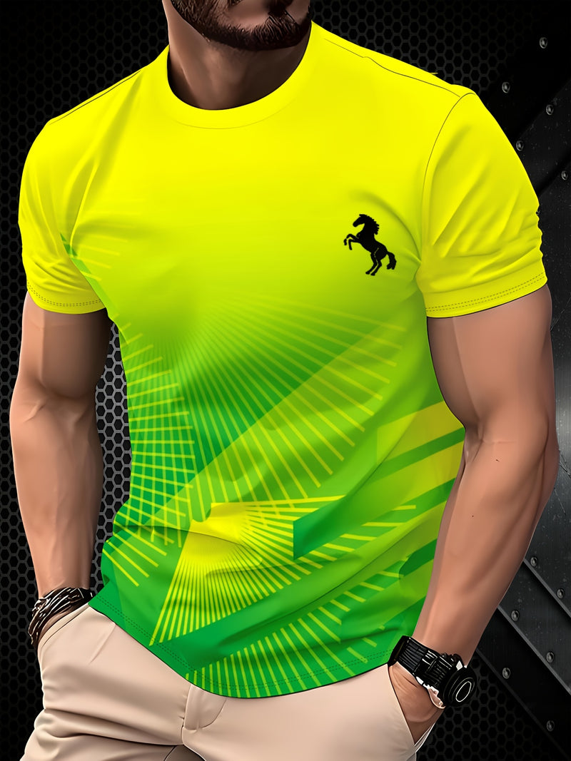 Men's 3D Gradient Yellow-blue Sweat Horse Print Short-sleeve T-shirt.