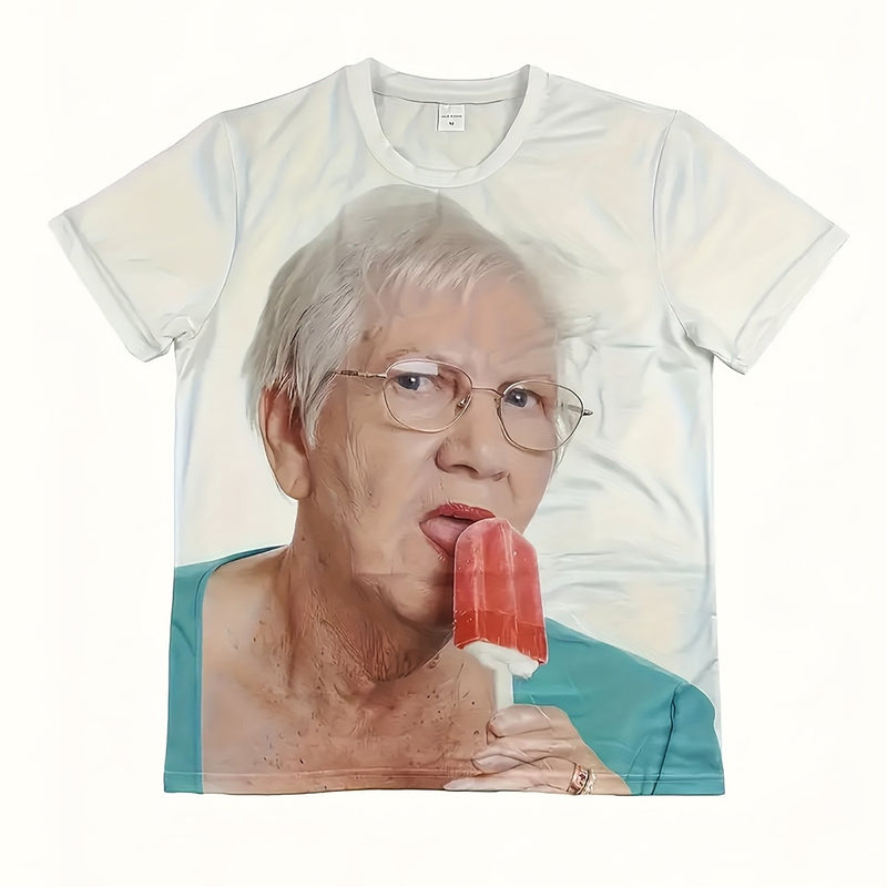 Men's Novelty T-Shirt - Elderly Woman with Ice Cream Print.
