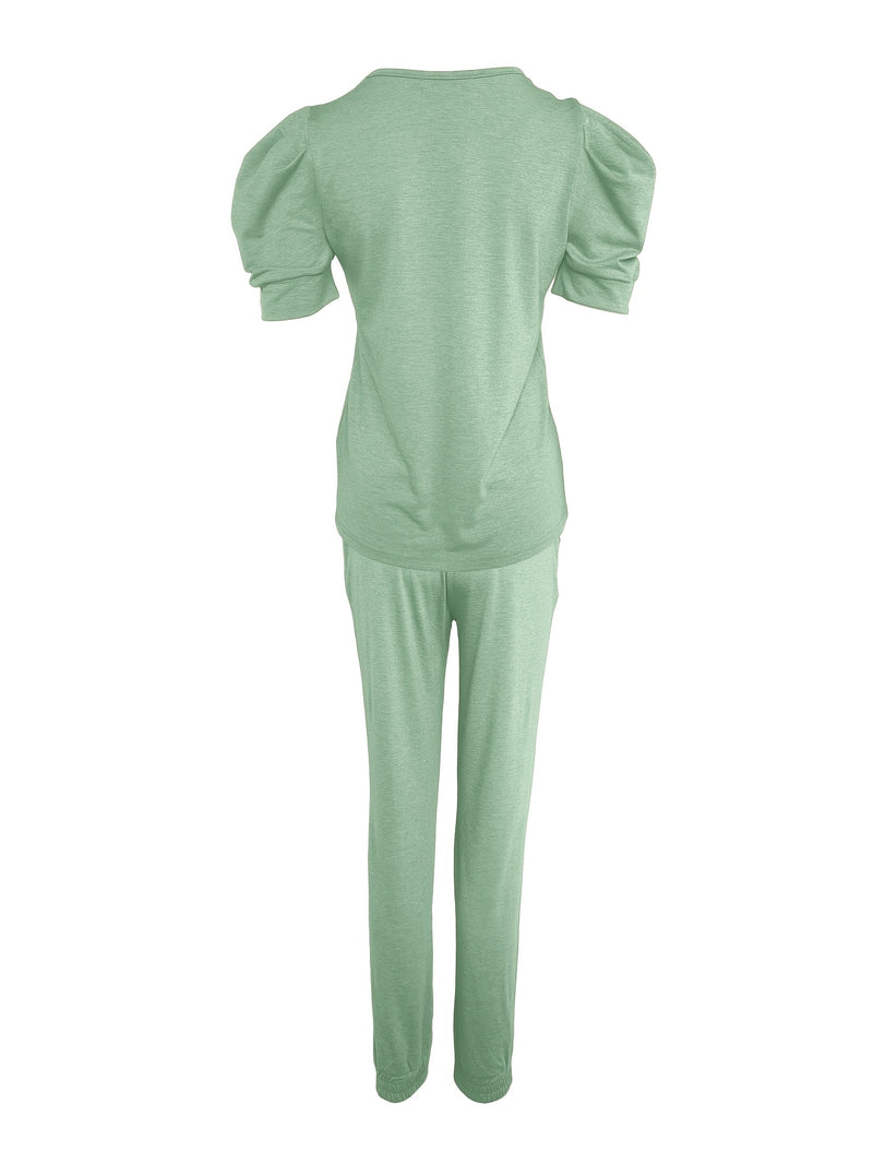 2pcs Women’s Round Neck Puff Sleeve Top with Pants.