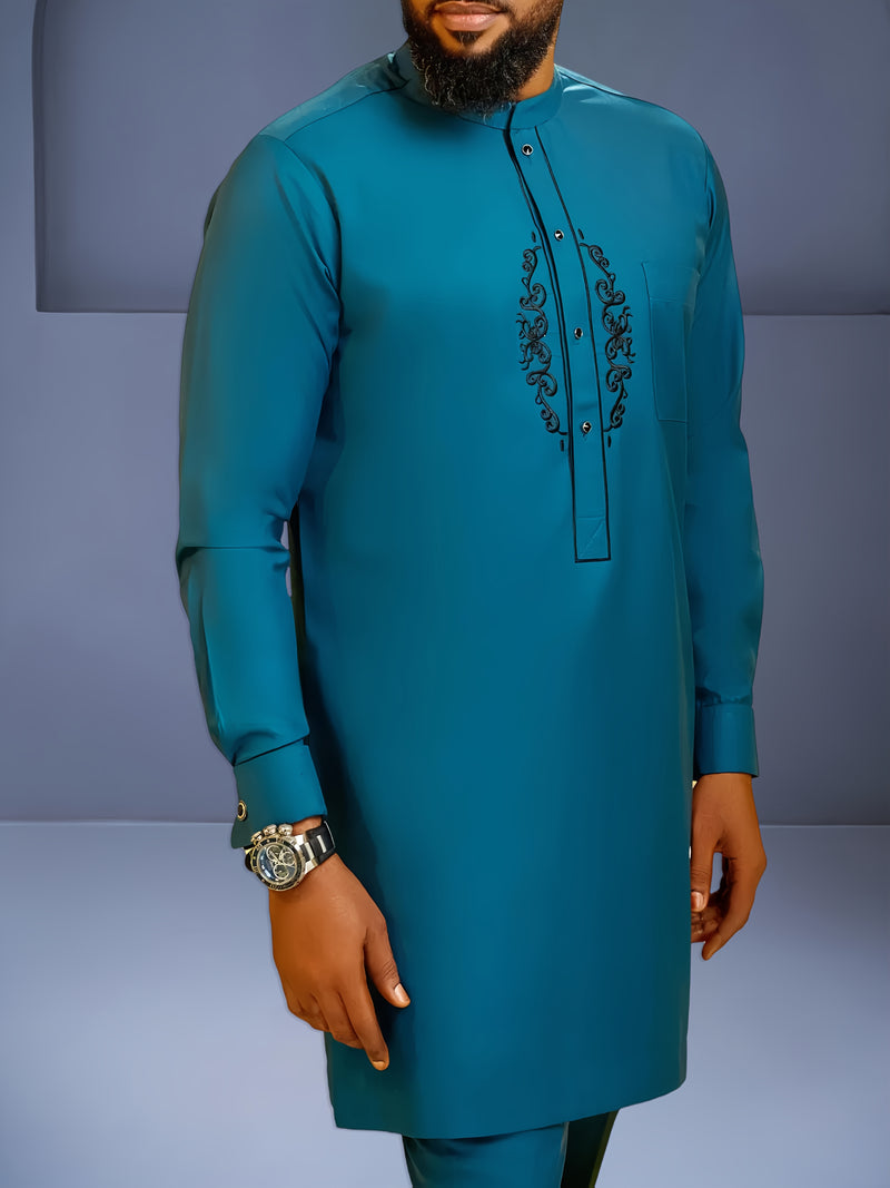 Men's Dashiki Set, Long Sleeve, Stand Collar, Button-Up, Pockets.