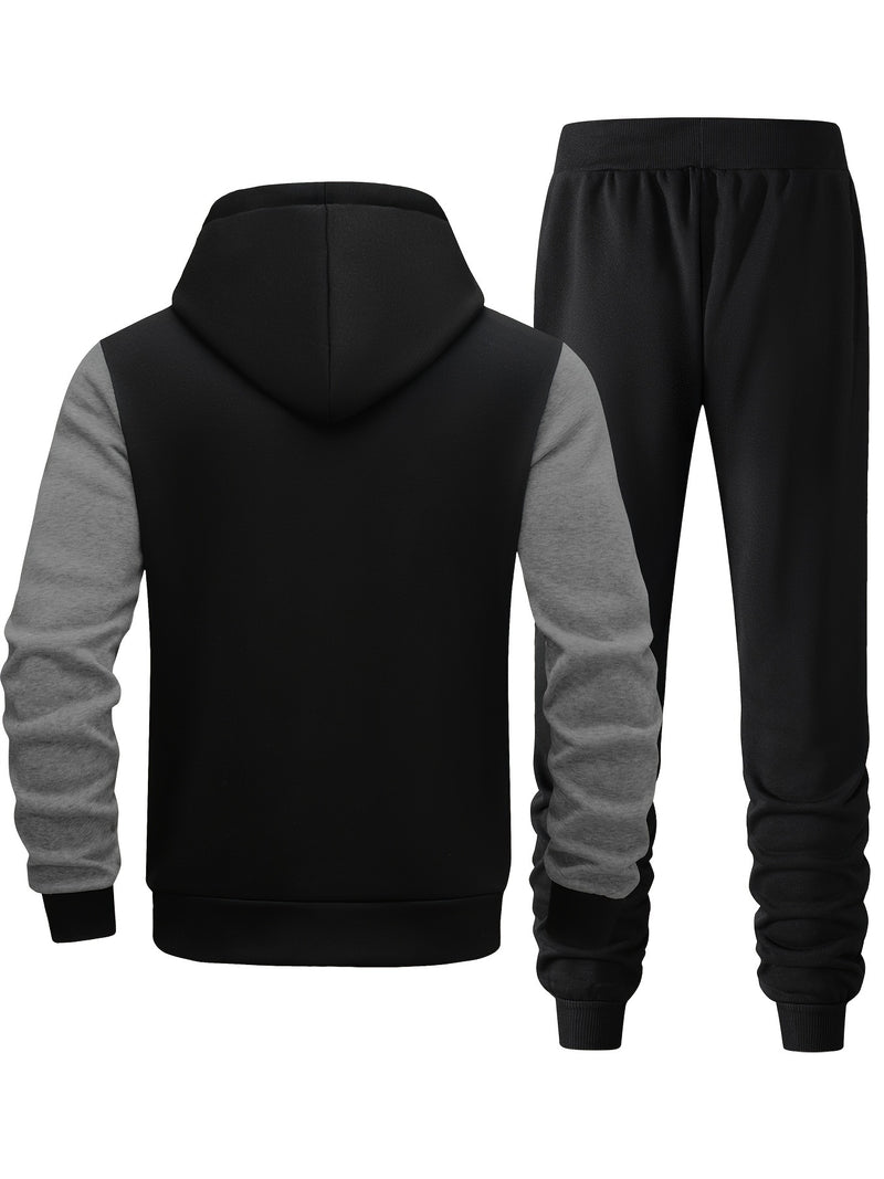 Men's Hooded Sweatshirt with Letter Print, Two-Piece Sports Running Outfit.
