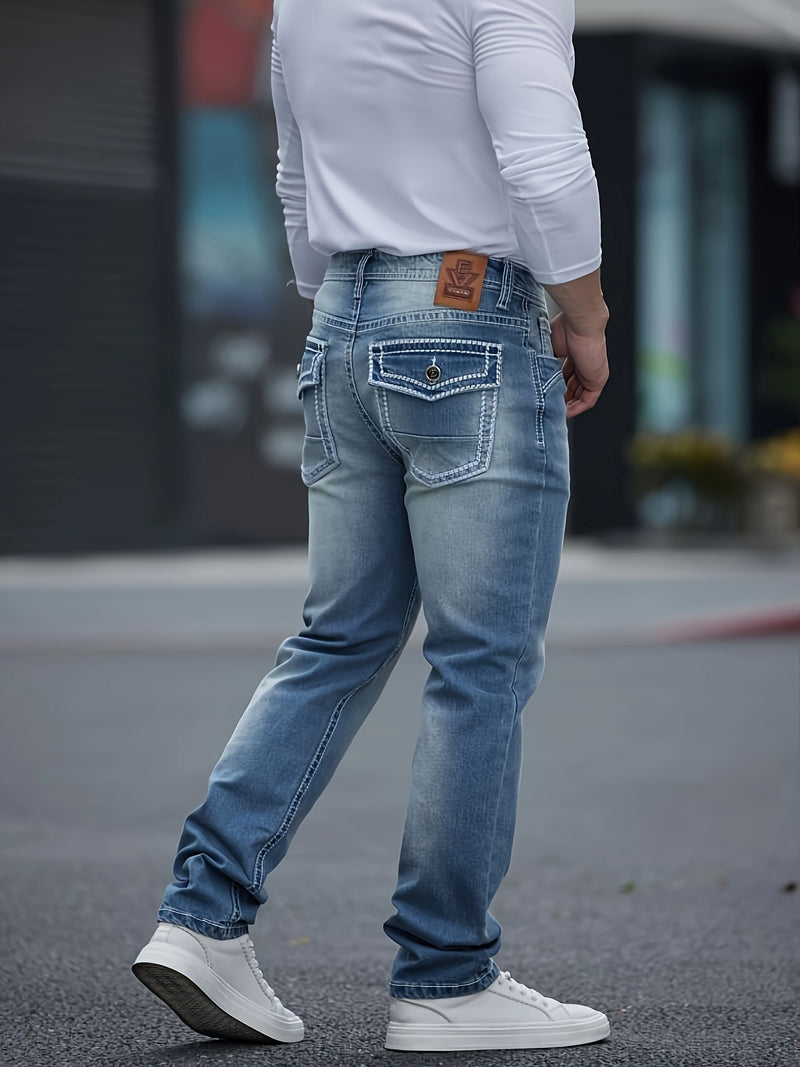 Men's Classic Embroidered Stretch Denim Jeans with Thick Lines.