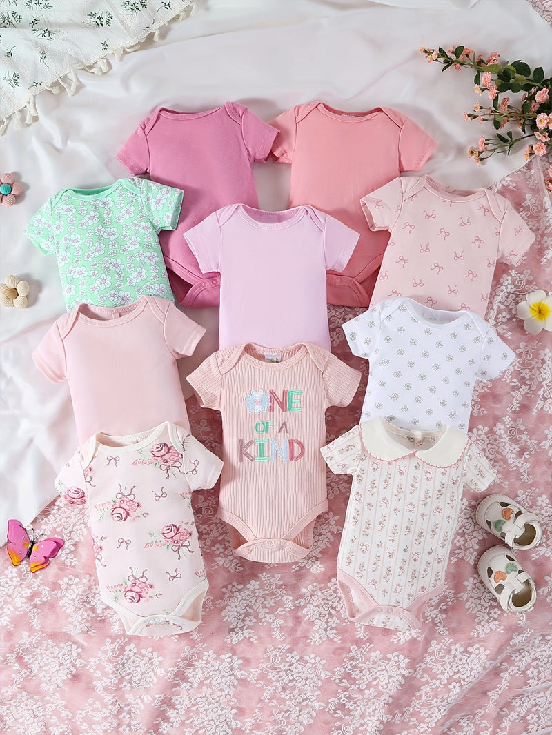 10pcs Set of Girls' Short-Sleeve Spring/Summer Cotton Triangle Bodysuits.