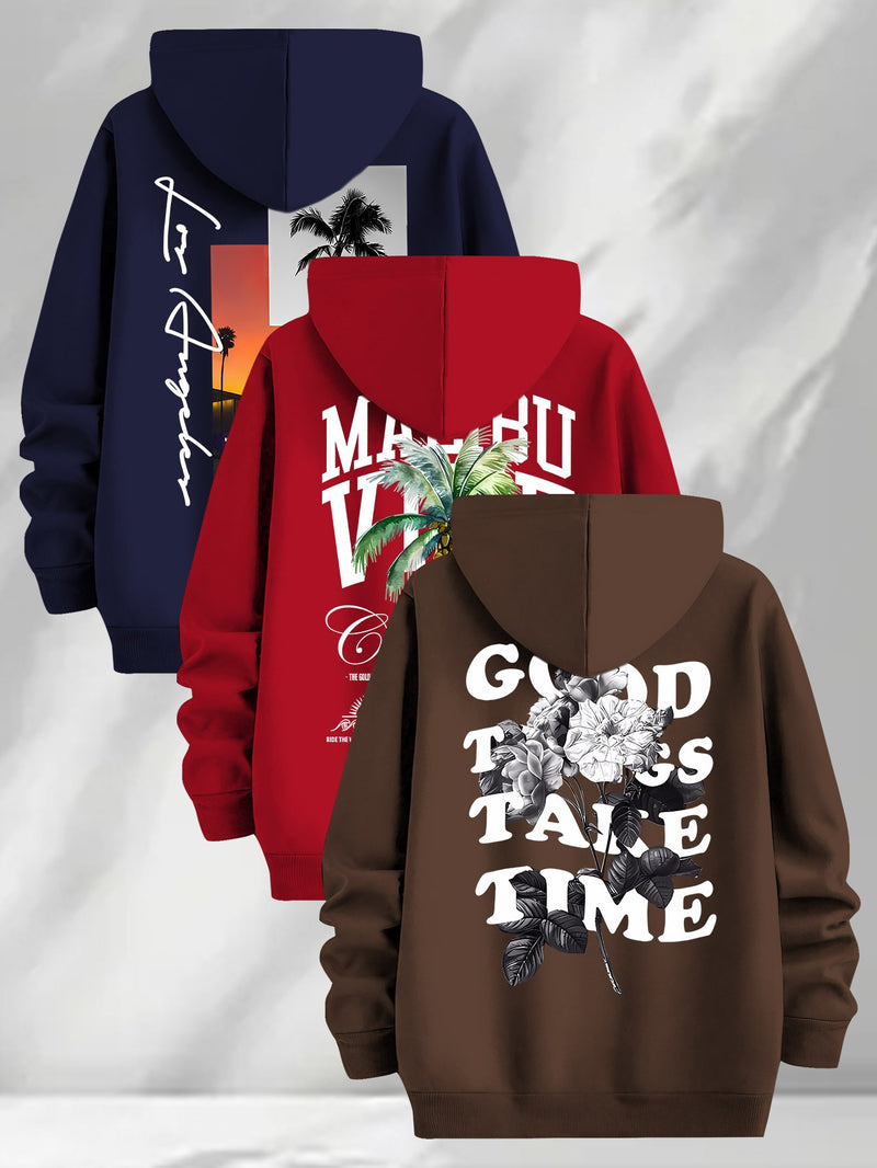 3pcs Trendy Print Sweatshirt, Men's Casual Hooded Sweatshirt.