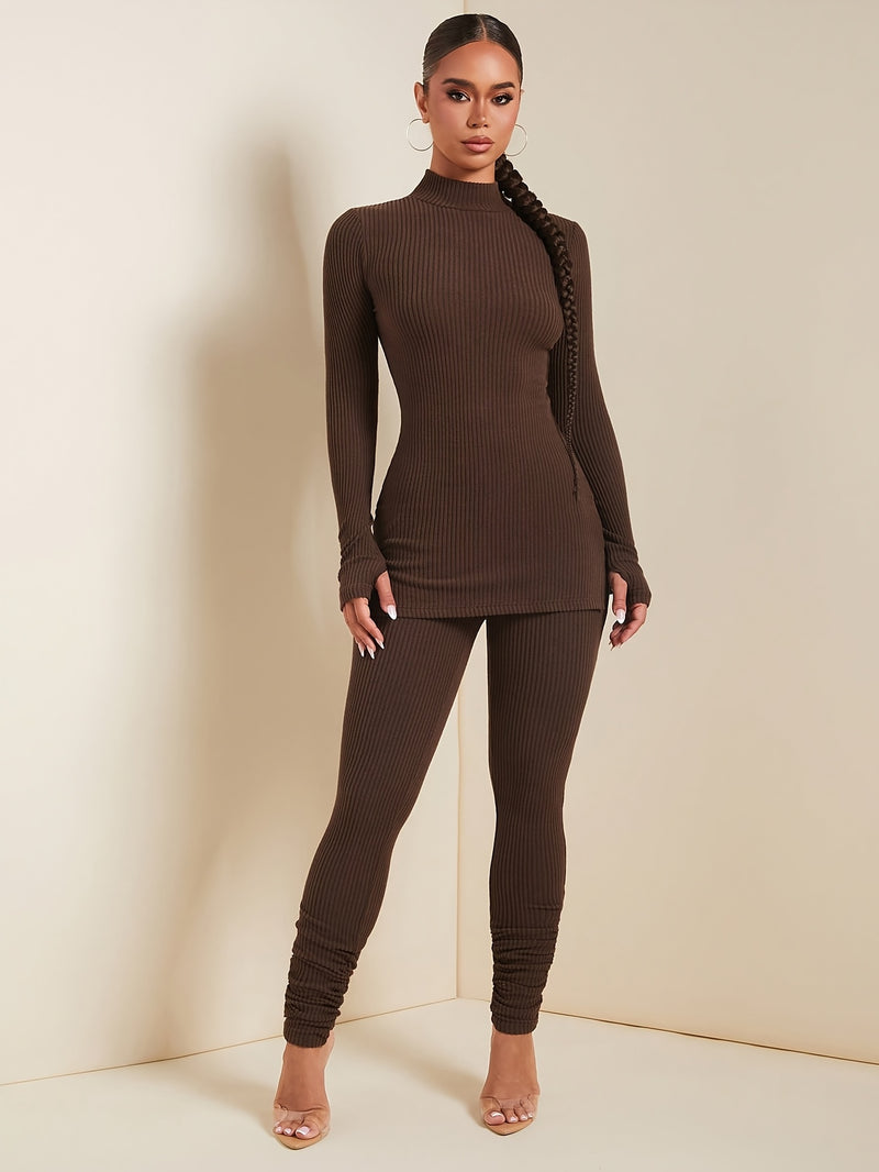 Women’s Fashion Casual Solid Color Stand Collar Long Sleeve and Pants Set.